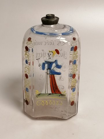 Emaljedekoreret brændevinsflaske dateret 1739